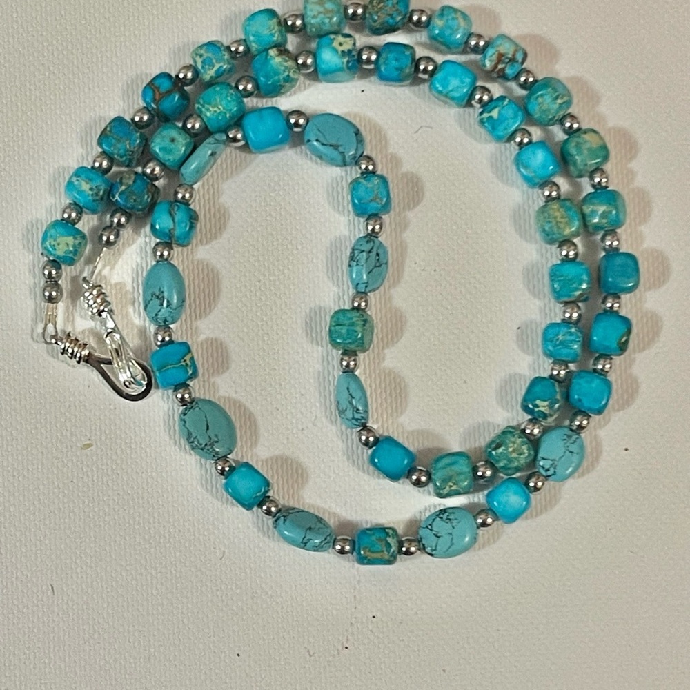 Southwest Turquoise Jasper Silver Pearl Beads Necklace Silver Plated Clasp 19”